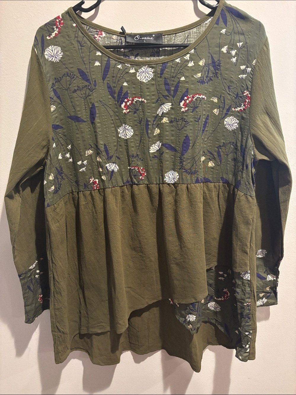 Olive Green Floral Peplum Long-Sleeve Top
